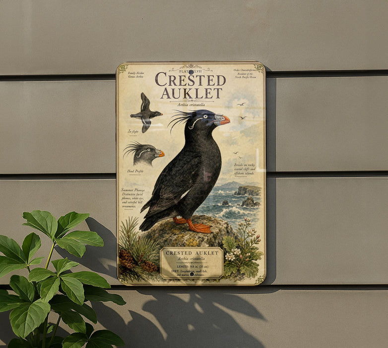 a metal plaque with an illustration of a crested auklet, a type of seabird, mounted on a wall.