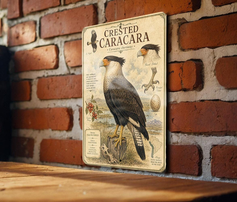 a vintage-style metal sign with illustrations and text, mounted on a brick wall.