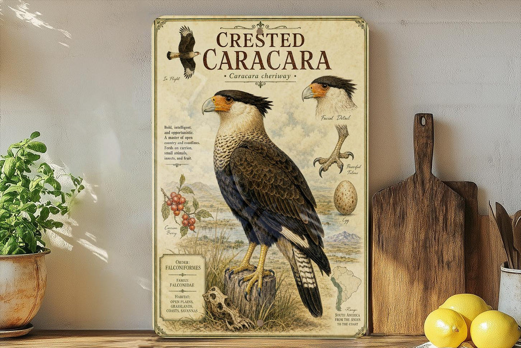 a framed illustration of a crested caracara, a bird of prey, on a shelf next to a wooden cutting board and some fruit.