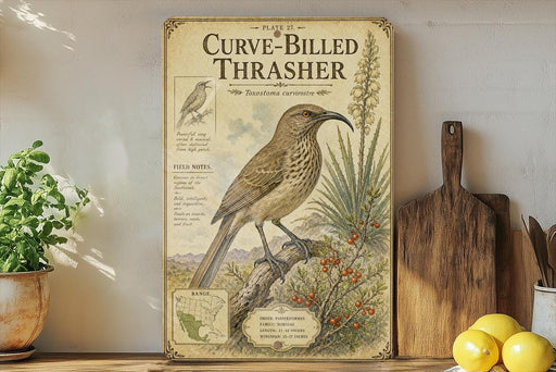 a vintage-style poster of a curve-billed thrasher bird, with a map and illustrations of the bird and its natural habitat. The poster is displayed on a shelf next to a wooden cutting board and a potted plant.