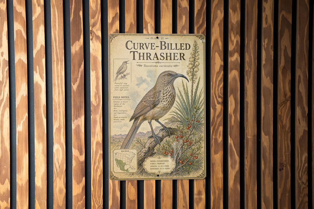 a vintage-style metal sign with a bird illustration, mounted on a wooden wall.