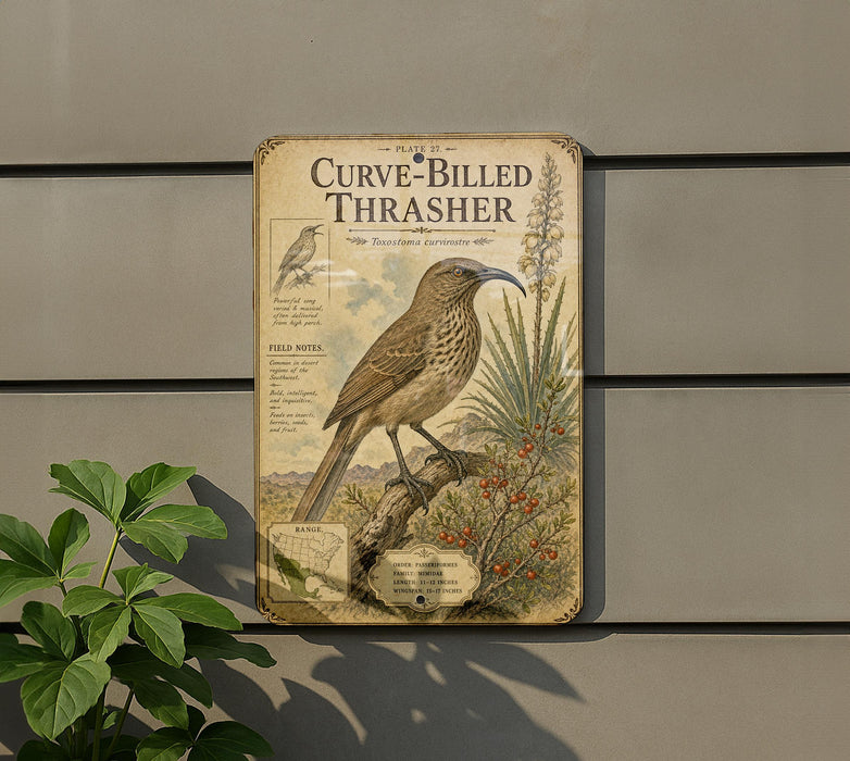 a vintage metal sign with a detailed illustration of a bird perched on a branch, surrounded by plants and flowers.