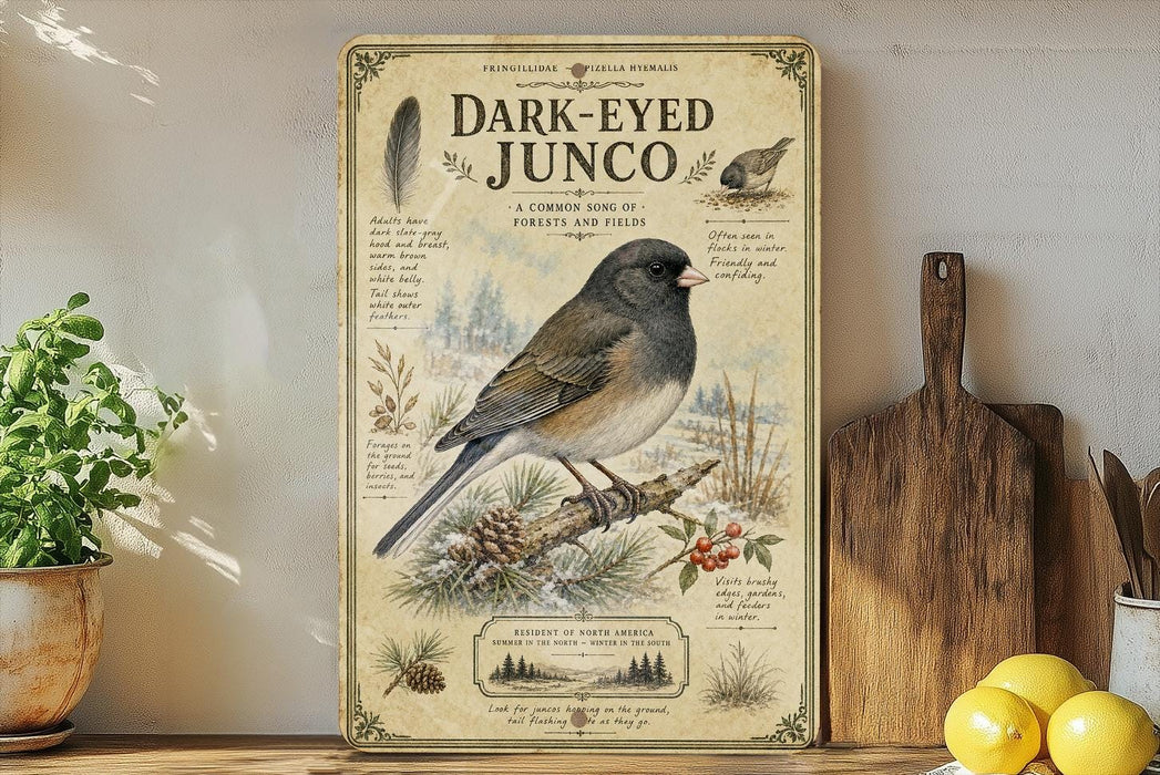 a vintage-style illustration of a dark-eyed junco bird perched on a branch, surrounded by various natural elements such as pine cones, berries, and leaves. The illustration is set against a backdrop of a snowy landscape, and the bird is depicted in a detailed and realistic manner. The overall composition and style of the image suggest it is a decorative piece, possibly used as a wall hanging or a framed print.