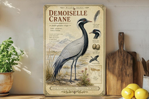 a vintage-style illustration of a demoiselle crane, a tall and elegant bird with a black and white plumage, standing in a natural setting with a mountain backdrop. The illustration is accompanied by text that provides information about the demoiselle crane, including its habitat, diet, and behavior. The image is displayed on a wooden shelf, with a potted plant, a cutting board, and some lemons nearby.