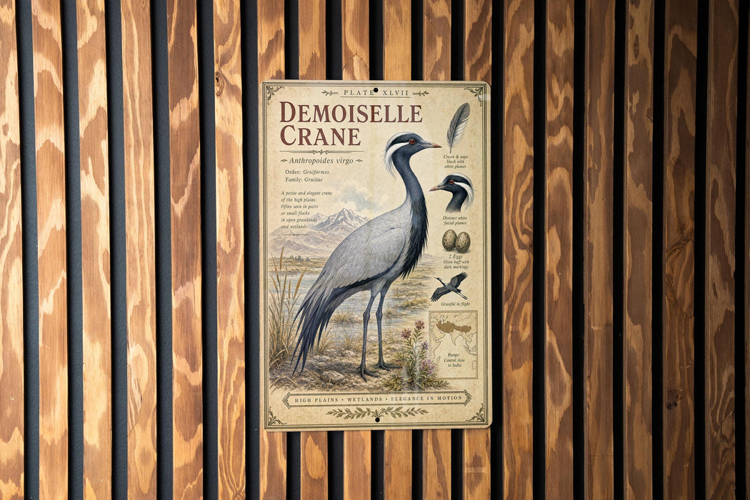 a poster of a demoiselle crane, a large wading bird, mounted on a wooden wall.