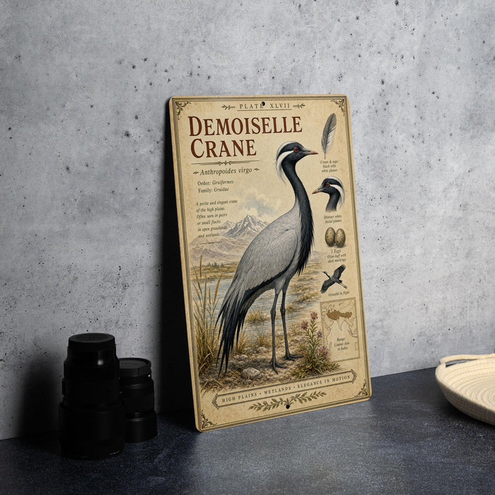 a vintage-style illustration of a demoiselle crane, a tall wading bird, standing on a grassy field with mountains in the background.