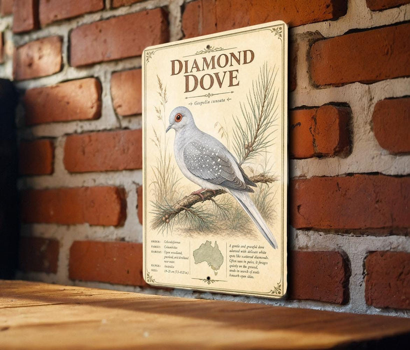 a vintage-style sign with a detailed illustration of a diamond dove perched on a branch, mounted on a brick wall.