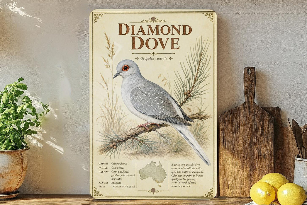 a vintage-style poster of a diamond dove, with a detailed illustration of the bird perched on a branch and surrounded by pine needles and other natural elements. The poster is displayed on a shelf next to a wooden cutting board and a potted plant, creating a rustic and homey atmosphere.