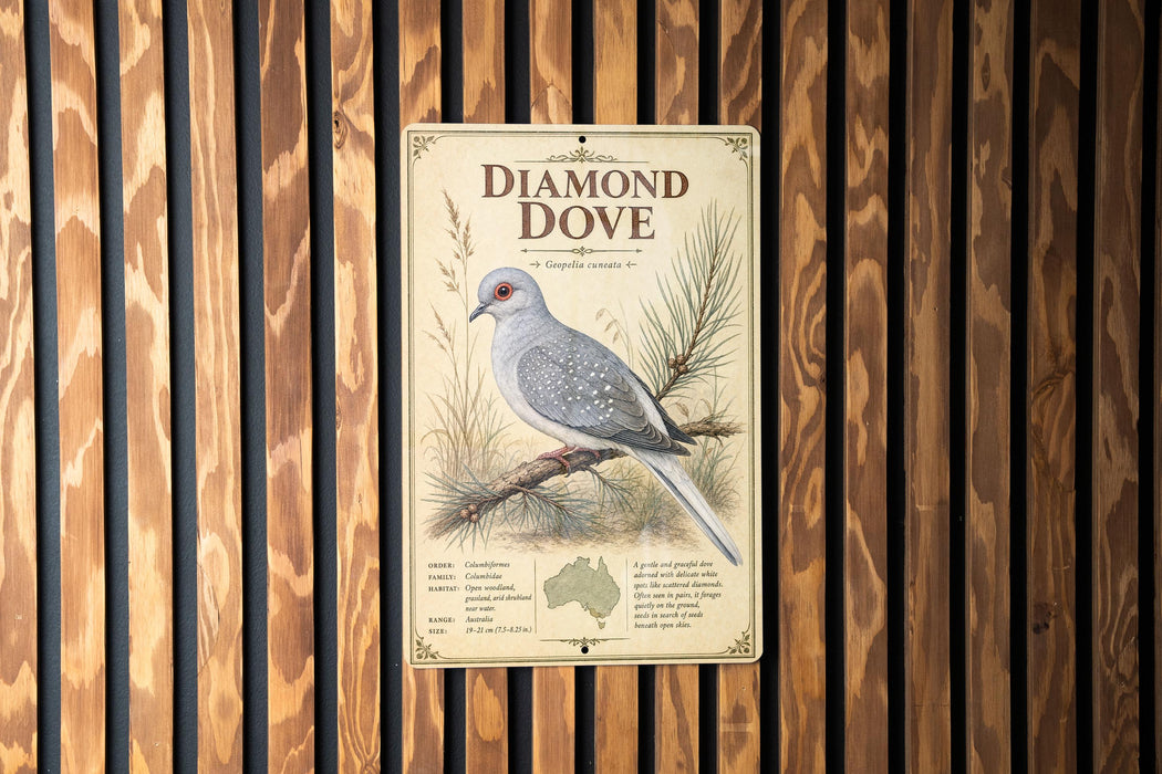 a vintage-style sign for the Diamond Dove, a small, gray bird with a white chest and tail, perched on a branch.