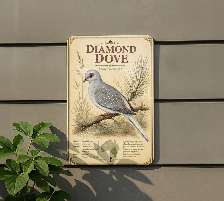 a sign for the Diamond Dove, a small bird with a gray and white coloration. The sign is mounted on a wall and includes a detailed illustration of the bird and some text providing information about the species.
