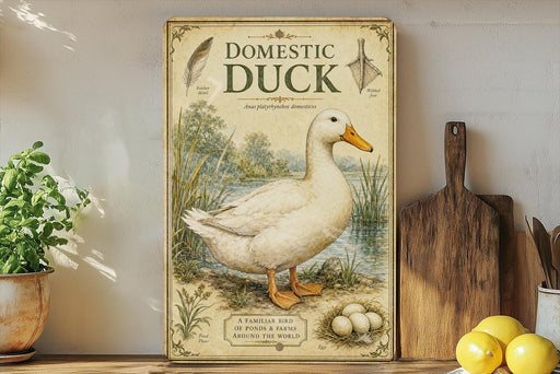 a vintage-style poster of a domestic duck, with illustrations of a duck, a pond, and a nest with eggs, displayed on a shelf next to a wooden cutting board and some potted plants.