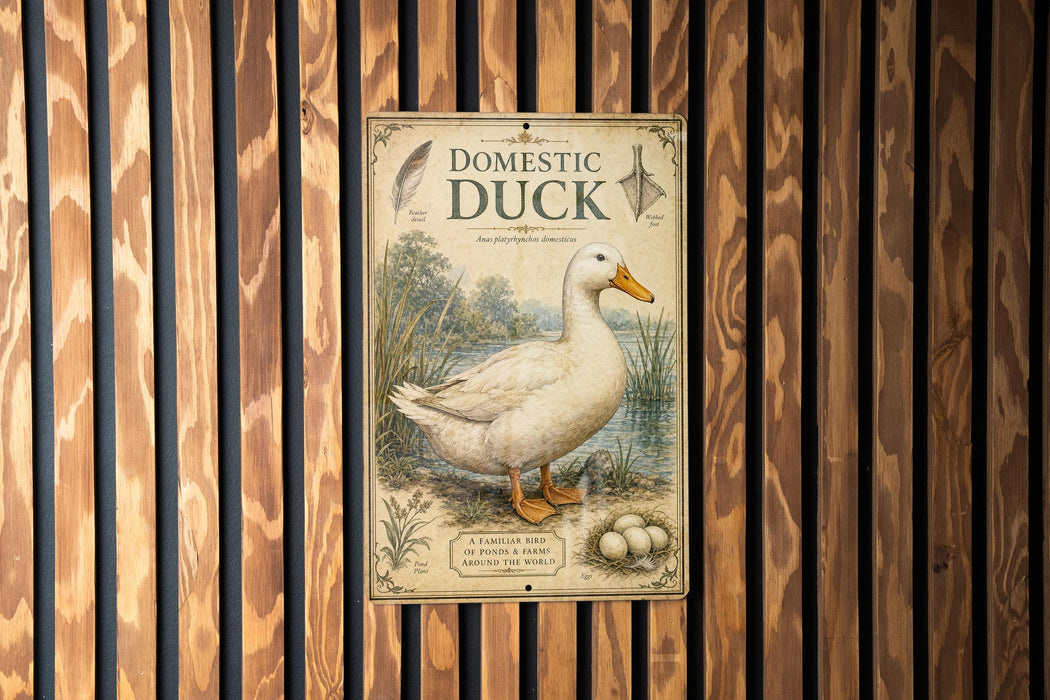 a vintage-style metal sign with an illustration of a duck, placed on a wooden wall.