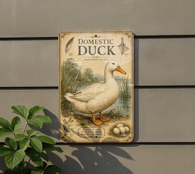 a vintage-style sign depicting a domestic duck, with a plant in the foreground.