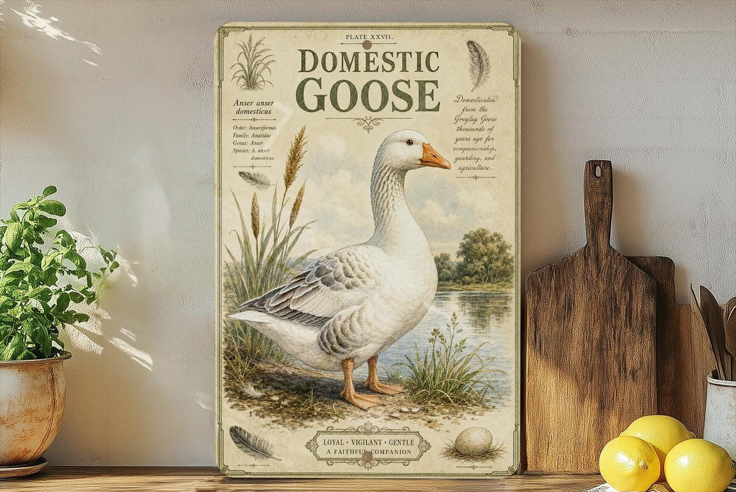 a vintage-style poster of a domestic goose, with illustrations of the bird and its natural habitat, such as a pond and grassy area. The poster is displayed on a shelf next to a wooden cutting board and a potted plant.