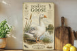 a vintage-style poster of a domestic goose, with illustrations of the bird and its natural habitat, such as a pond and grassy area. The poster is displayed on a shelf next to a wooden cutting board and a potted plant.