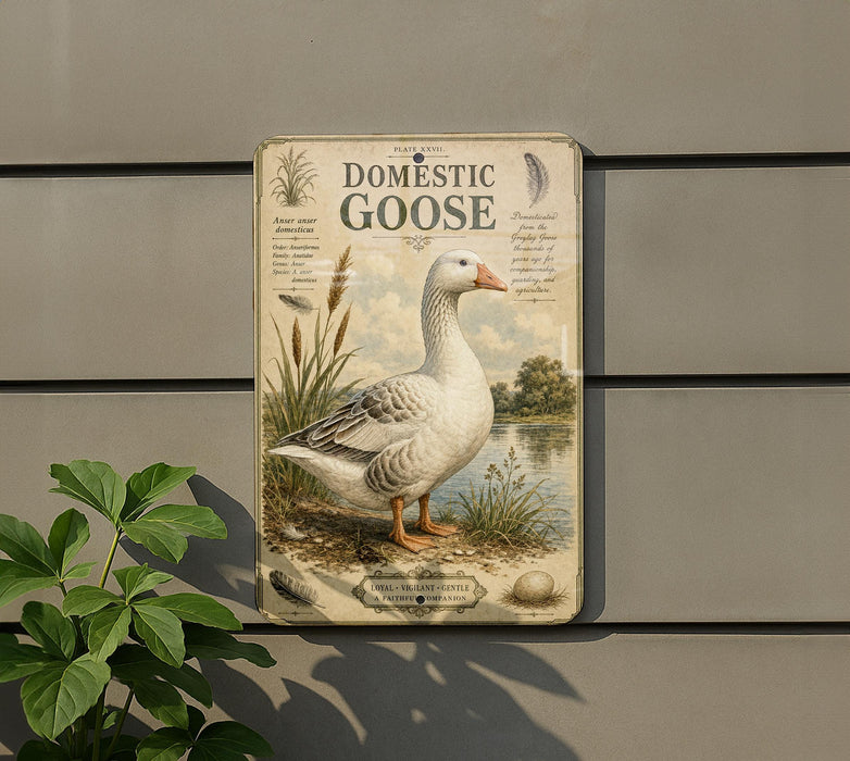 a vintage-style sign depicting a domestic goose, with a plant in the foreground.