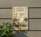 a vintage-style sign depicting a domestic goose, with a plant in the foreground.
