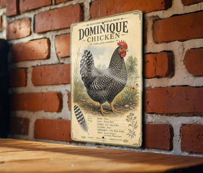 A vintage-style metal sign featuring an illustration of a Dominique chicken, mounted on a brick wall.