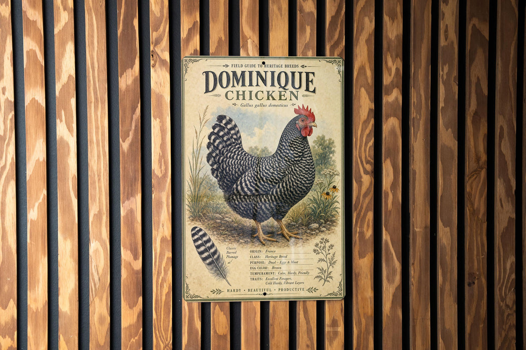 a vintage advertisement for Dominique chicken, with a large illustration of a chicken and some text.