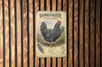 a vintage advertisement for Dominique chicken, with a large illustration of a chicken and some text.