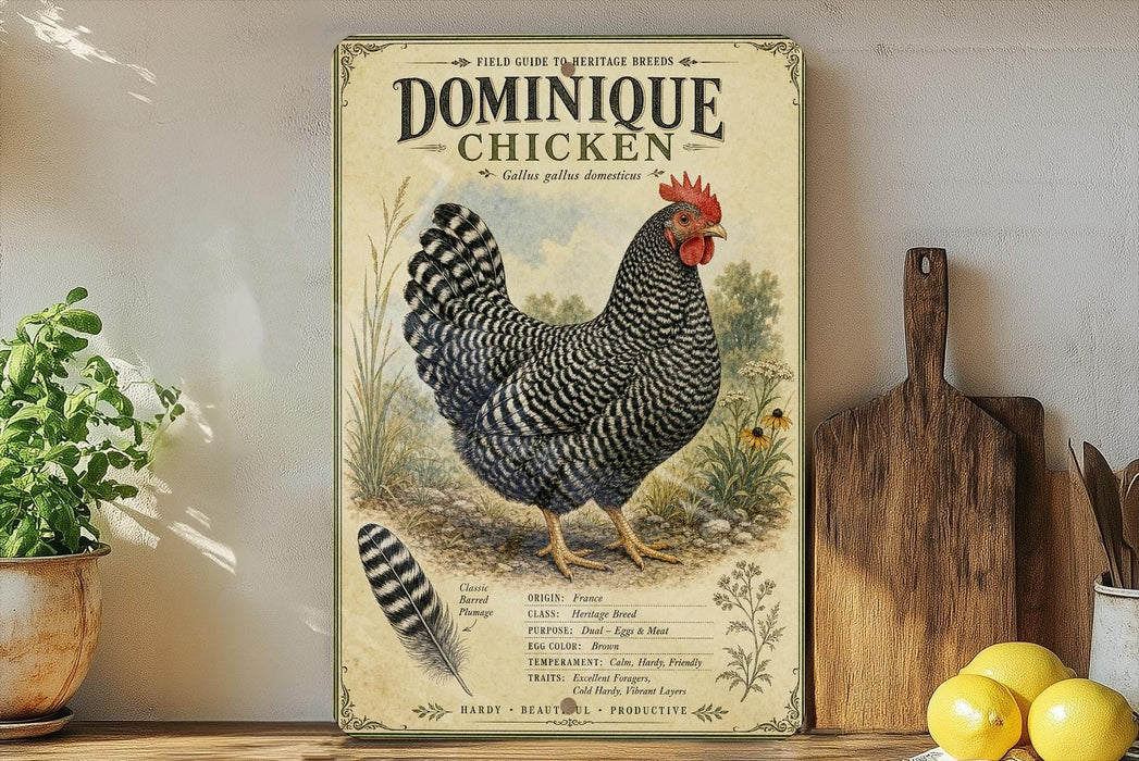 a vintage-style poster of a Dominique chicken, with a detailed illustration of the bird and its surroundings. The poster is displayed on a shelf next to a wooden cutting board and a potted plant.