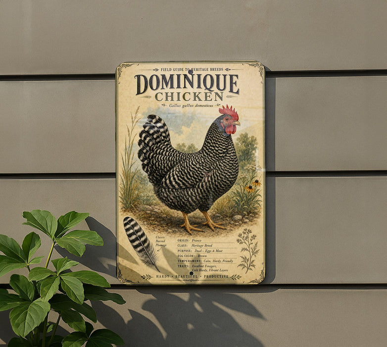 a vintage-style sign for Dominique chicken, which is mounted on a wall next to a plant.