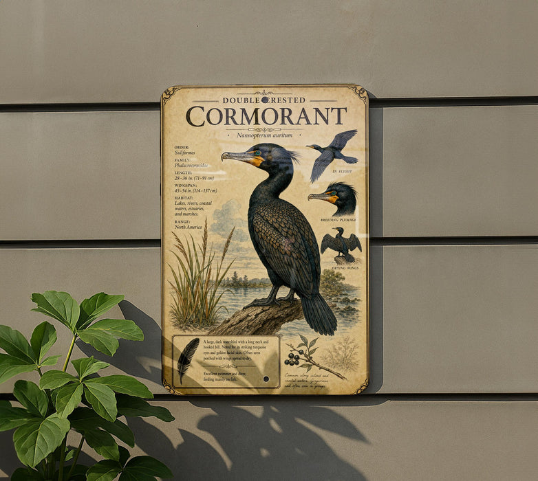 a sign with a detailed illustration of a cormorant bird, accompanied by text providing information about the species.