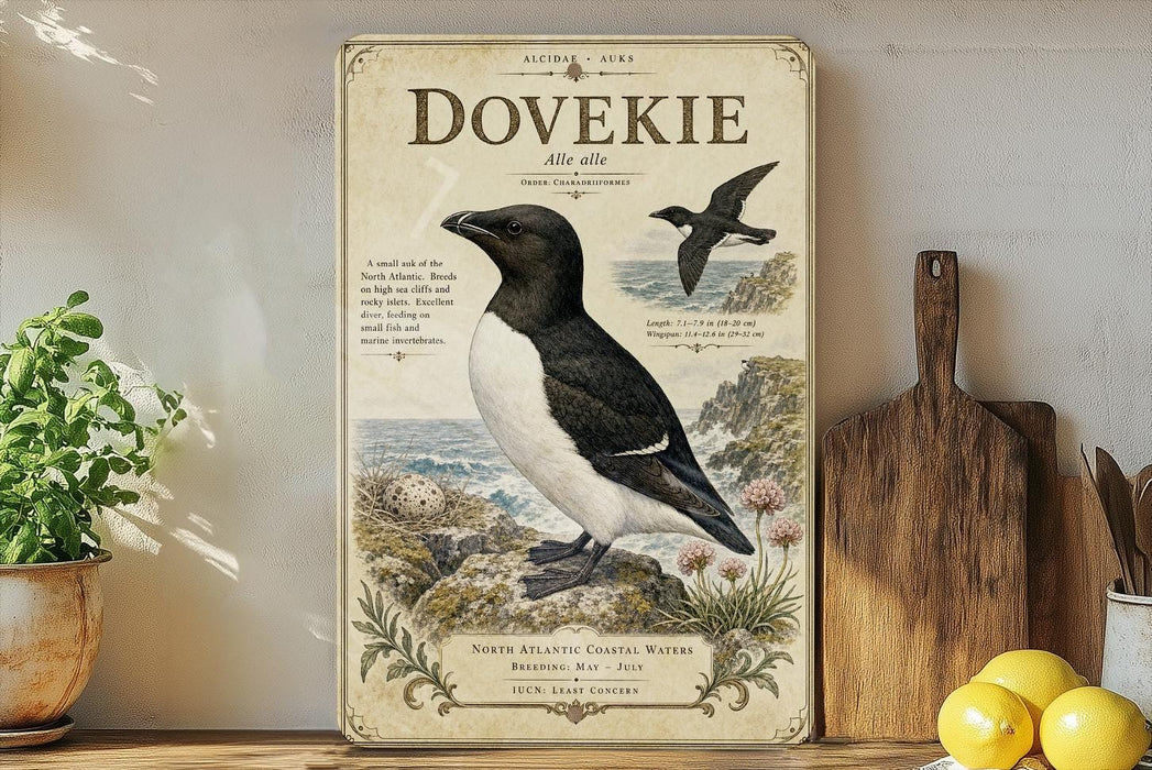 a vintage-style poster or sign with a black and white illustration of a bird, likely a seagull, perched on a rock. The bird is surrounded by various natural elements, such as flowers and plants, creating a serene and coastal atmosphere. The poster is displayed on a shelf or counter, with a potted plant and a wooden cutting board visible in the background.