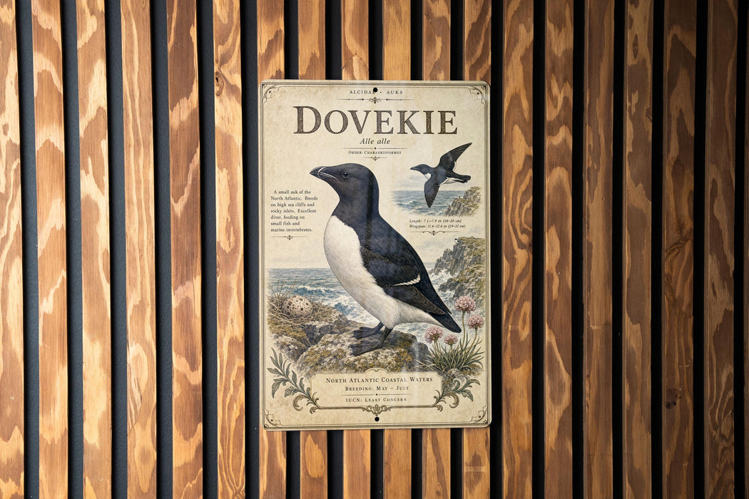 a vintage-style poster of a dove perched on a rock, with a coastal background.