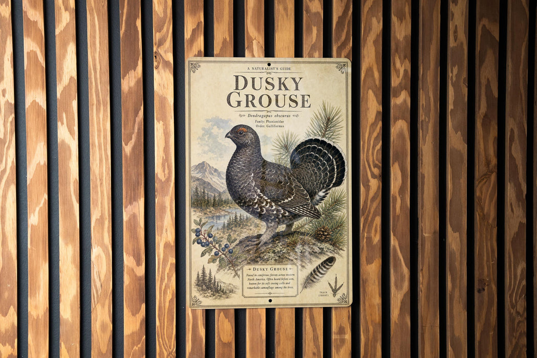 a metal sign with a detailed illustration of a grouse bird, mounted on a wooden wall.