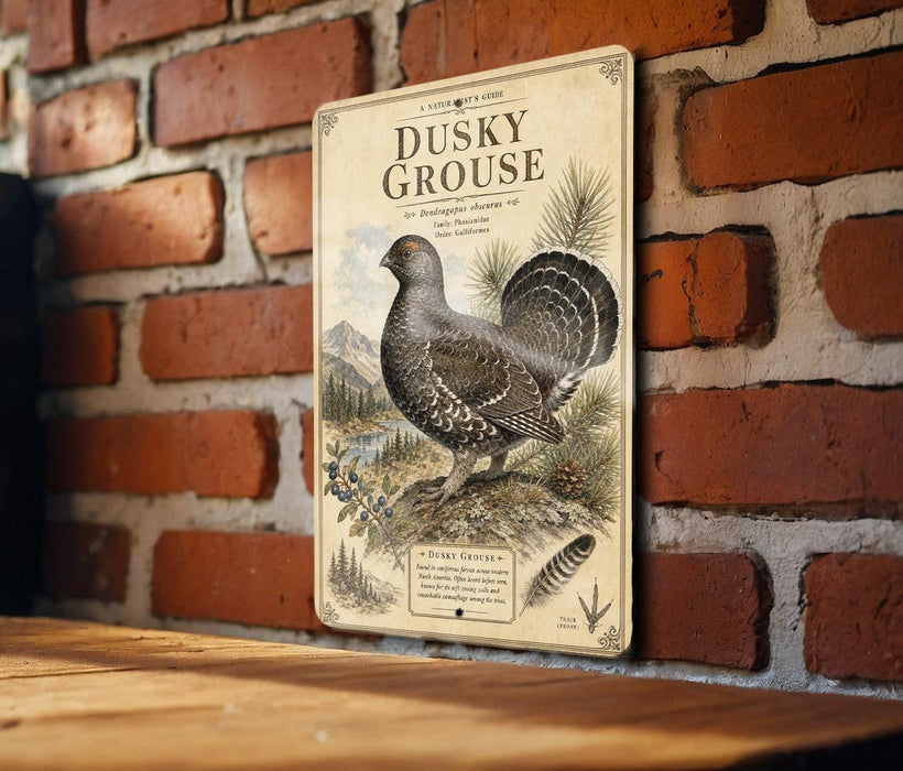 A metal sign with a vintage-style illustration of a grouse bird, mounted on a brick wall.