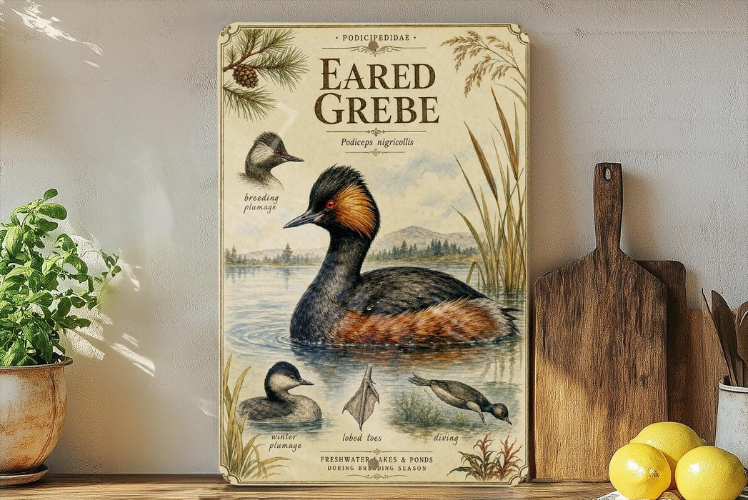 a vintage-style poster of a bird, specifically a heron, with illustrations and text about the bird's habitat and behavior.