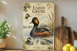 a vintage-style poster of a bird, specifically a heron, with illustrations and text about the bird's habitat and behavior.