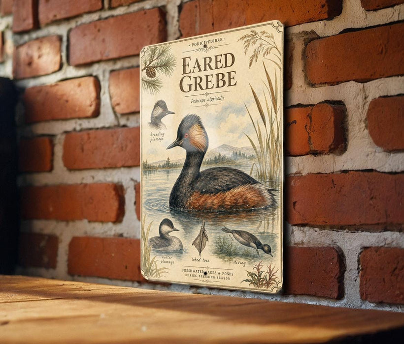 a vintage-style poster of a bird, specifically a duck, on a brick wall.