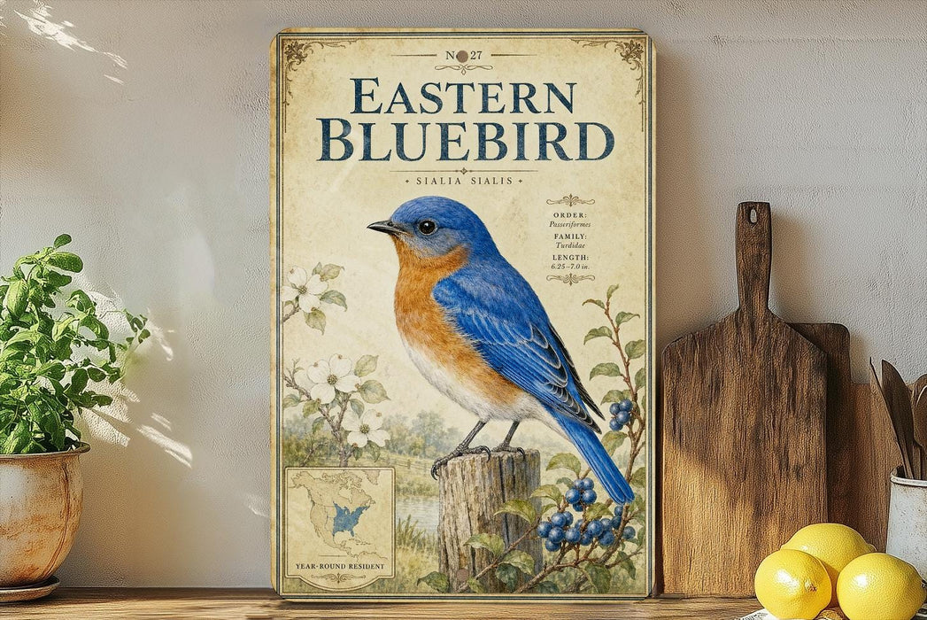 a framed illustration of a bluebird perched on a tree stump, surrounded by flowers and berries, with a vintage-style cover.