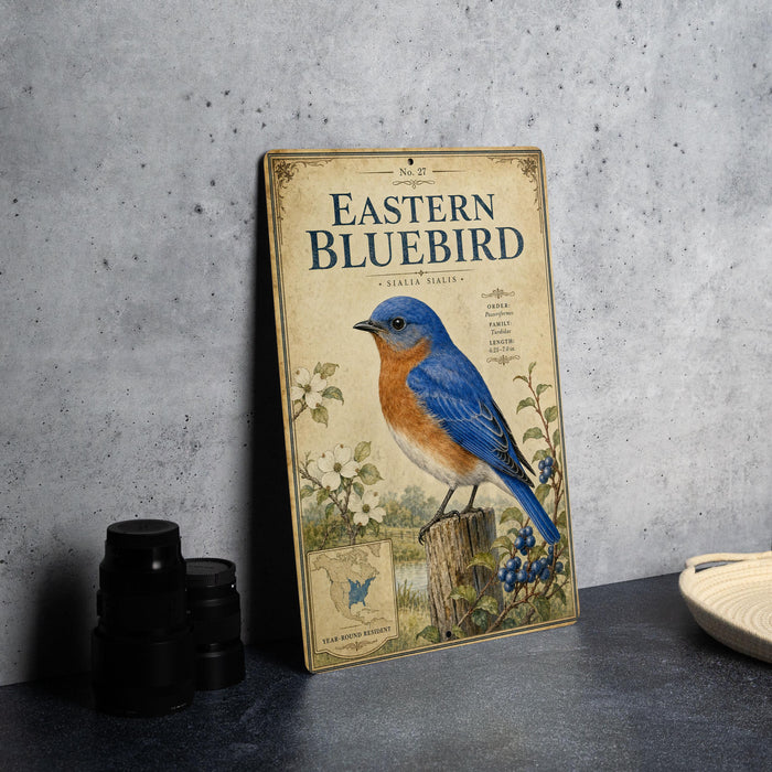 a book titled "Eastern Bluebird" with a blue and orange illustration of a bluebird perched on a tree stump.