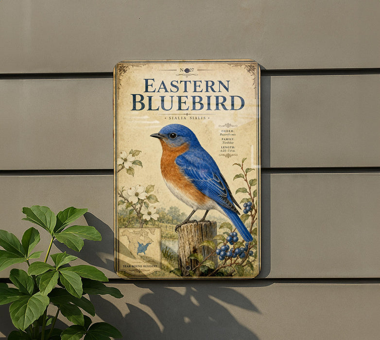 a vintage-style metal sign with a blue and orange bird illustration, mounted on a wall next to a plant.