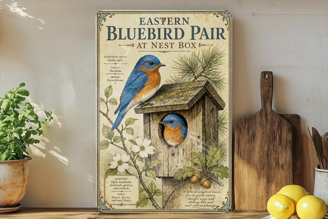 a vintage-style poster of a bluebird nest with a wooden birdhouse, displayed on a shelf next to a potted plant and kitchen utensils.