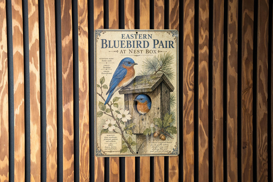 a sign for the Eastern Bluebird Pair at the Nest Box, which is a birdhouse designed to attract and house bluebirds.