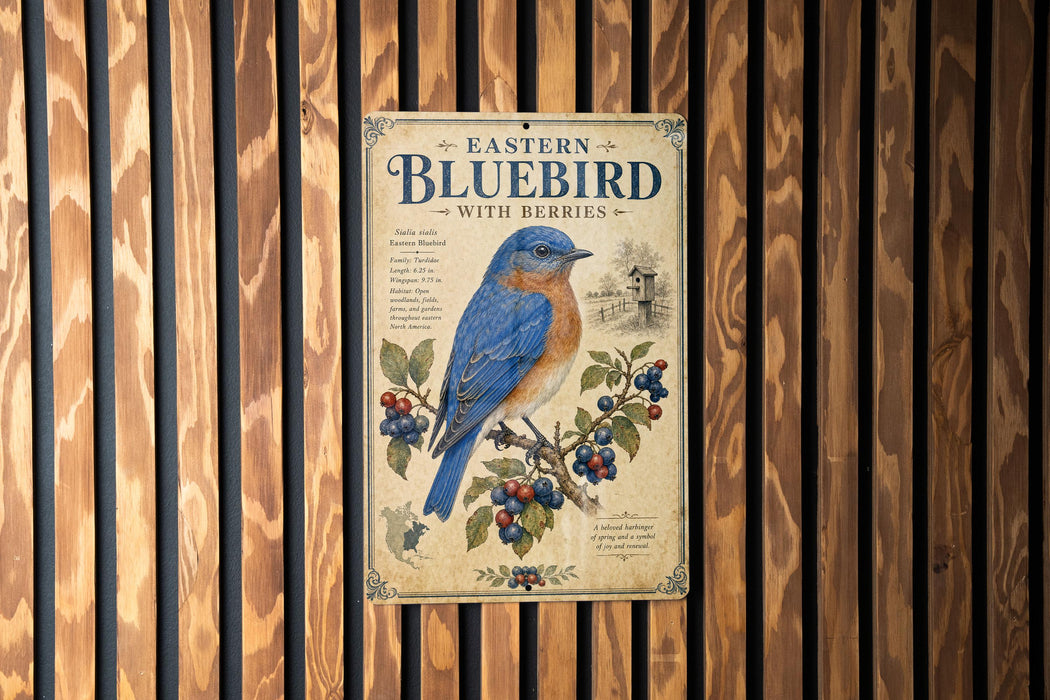 A vintage-style sign with an illustration of a bluebird and berries, mounted on a wooden wall.