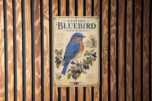 A vintage-style sign with an illustration of a bluebird and berries, mounted on a wooden wall.