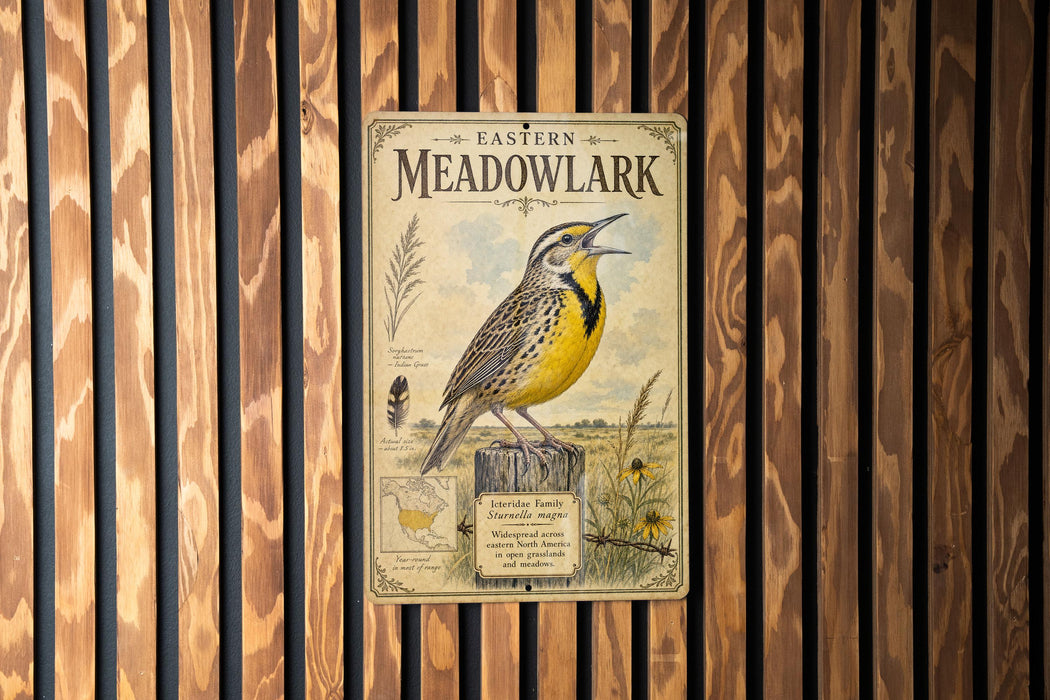 a vintage-style sign for the Eastern Meadowlands, depicting a yellow bird with a black head and wings.