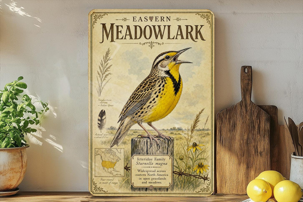 a vintage-style poster of a yellow bird perched on a wooden post, surrounded by illustrations of plants and a map, all set against a white wall.