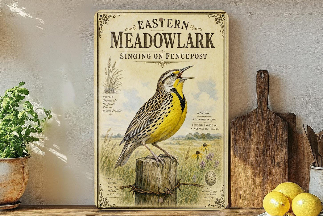 a vintage-style poster of a yellow bird perched on a wooden post, surrounded by a pastoral scene.