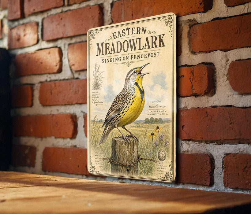 a vintage-style sign with a yellow and black bird perched on a wooden post, set against a brick wall.