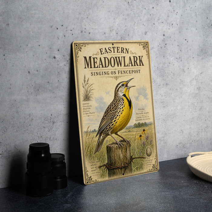 a vintage-style poster of a yellow bird perched on a wooden post, with the text "Eastern Meadow Meadow singing on Fencepost" and a decorative border.