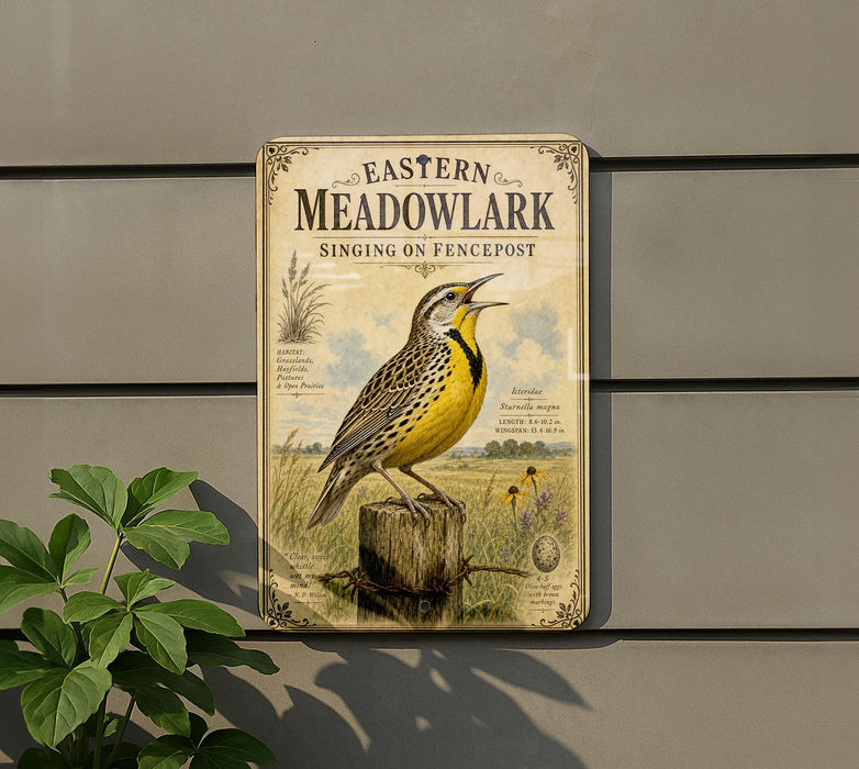 a vintage-style sign for the Eastern Meadow, with a yellow and black bird perched on a wooden post.