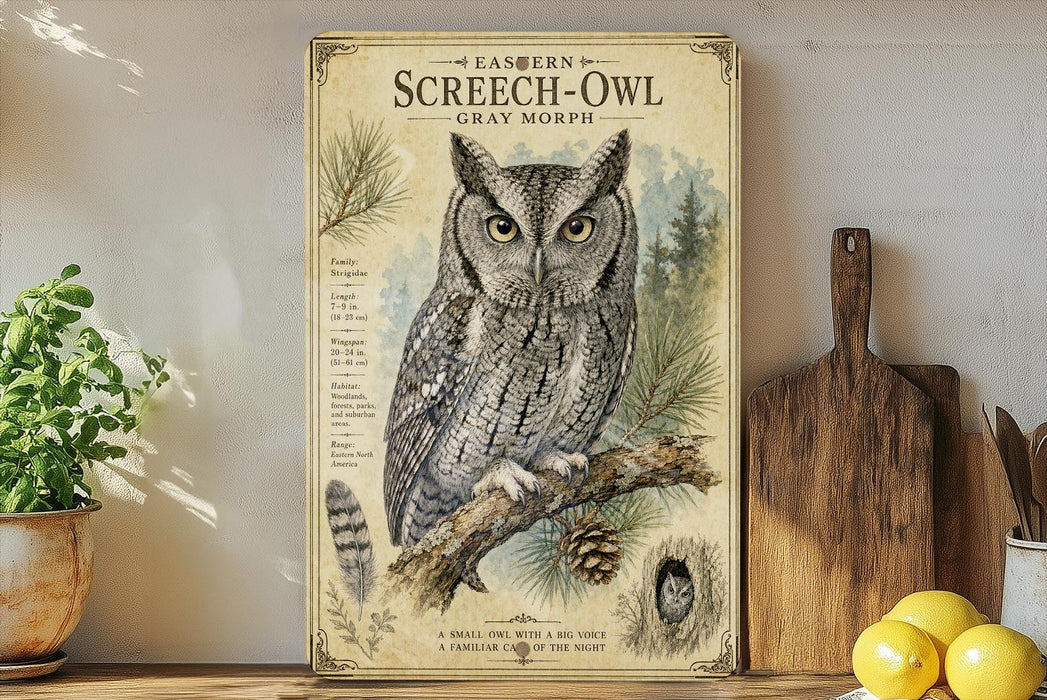 a framed illustration of an Eastern Screech- Owl, a small owl with a big voice, perched on a branch. The owl is surrounded by pine needles and pine cones, and the text on the frame identifies it as a "Screech- Owl Gray MorPH". The image is displayed on a wooden shelf, with a potted plant and a wooden cutting board visible in the background.