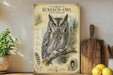 a framed illustration of an Eastern Screech- Owl, a small owl with a big voice, perched on a branch. The owl is surrounded by pine needles and pine cones, and the text on the frame identifies it as a "Screech- Owl Gray MorPH". The image is displayed on a wooden shelf, with a potted plant and a wooden cutting board visible in the background.