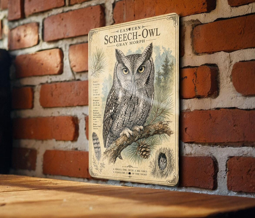 a vintage-style illustration of an owl perched on a branch, with a brick wall in the background.